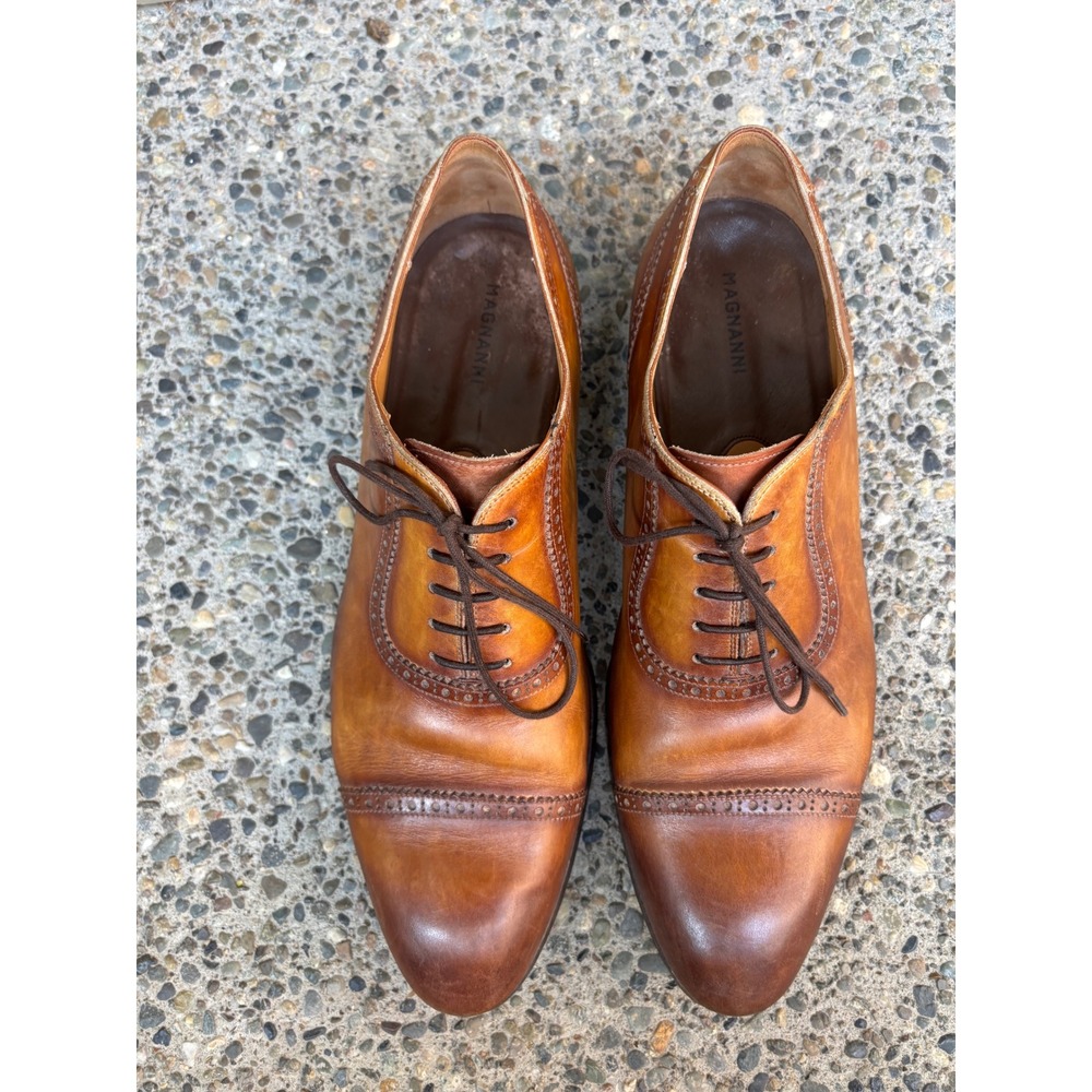 Magnanni 19099 Mens Cognac Hand Painted Leather Cap Toe Brogue Oxfords Size 11 M - Picture 7 of 10